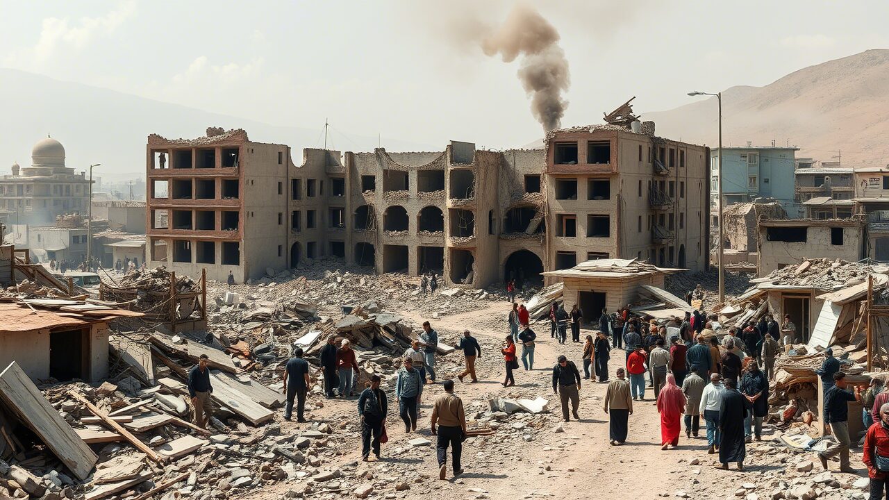 Aerial view of a bombed hospital building with smoke rising over Old Fangak community