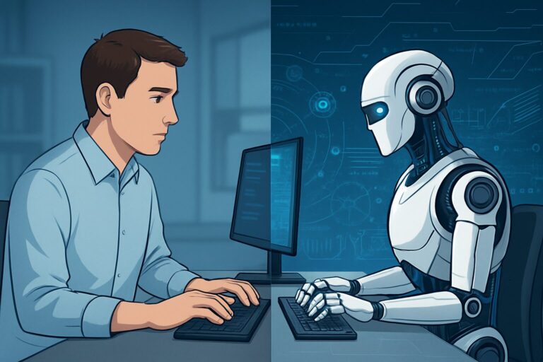 Robot and human side-by-side in an office, representing jobs AI will replace by 2030