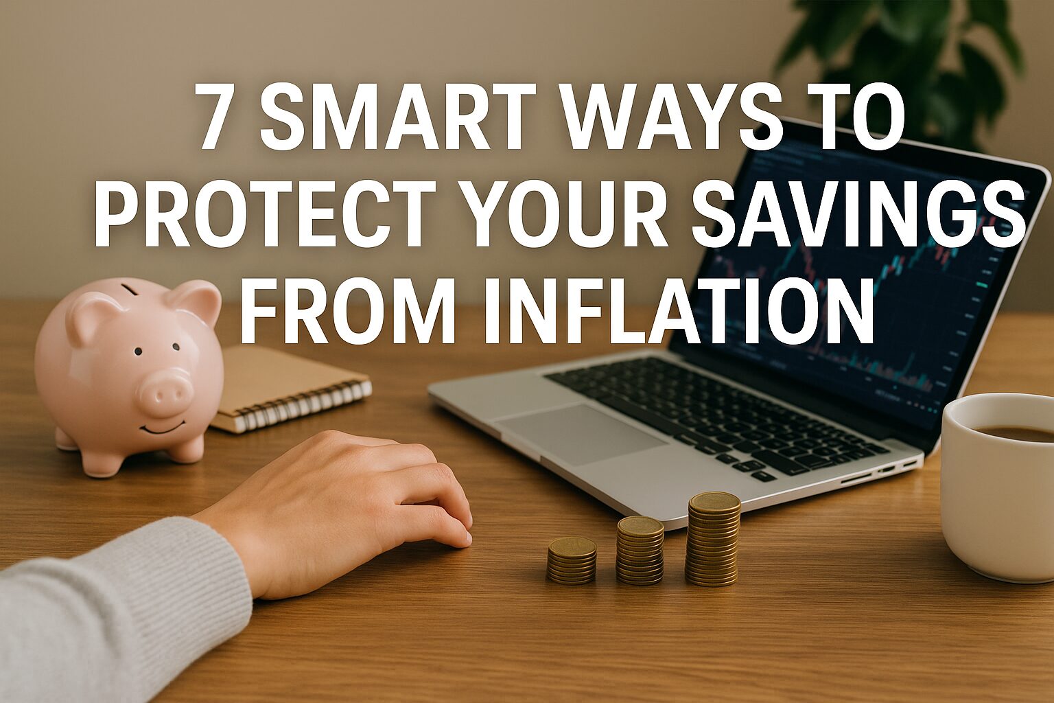 A photo of a person's hand next to a laptop, piggy bank, stacked coins, coffee mug, and a notebook on a wooden desk, with text overlay reading "7 Smart Ways to Protect Your Savings from Inflation.