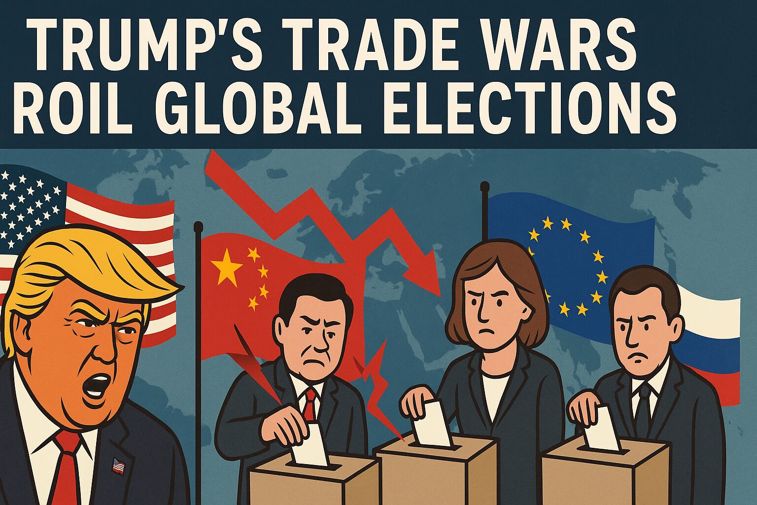 President Trump speaking at a podium with world map and stock market graph overlays.